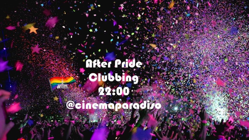 Pride Clubbing Stilfoto mit einer Menschenmenge, Konfetti und dem Text "After Pride Clubbing 22:00 @cinemaparadiso" und dem Logo des Vereins St.Pride mit dem Rathaus und einer Regenbogenfahne